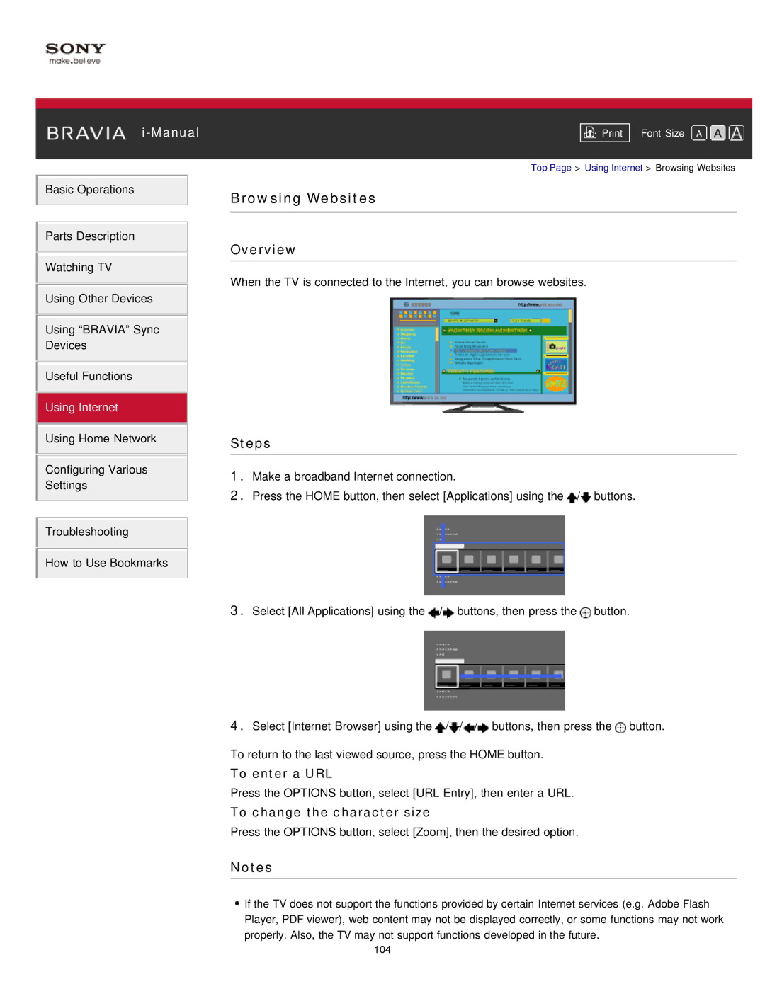 Sony KDL-47W802A manual Browsing Websites, To enter a URL, To change the character size 