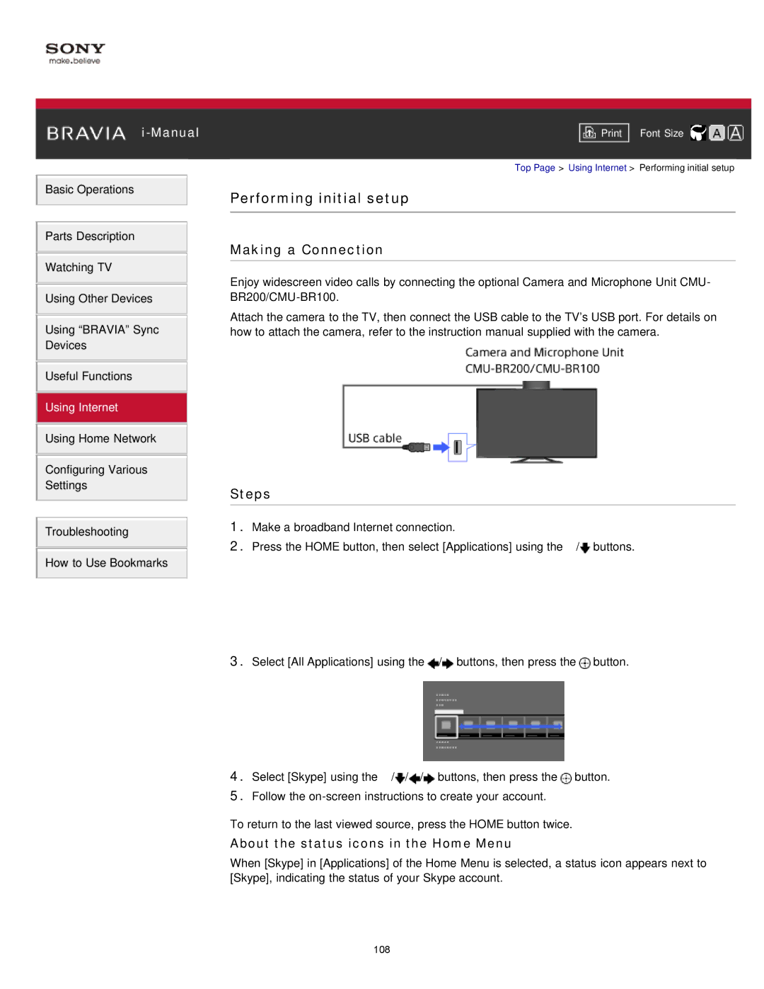 Sony KDL-47W802A manual Performing initial setup, About the status icons in the Home Menu 