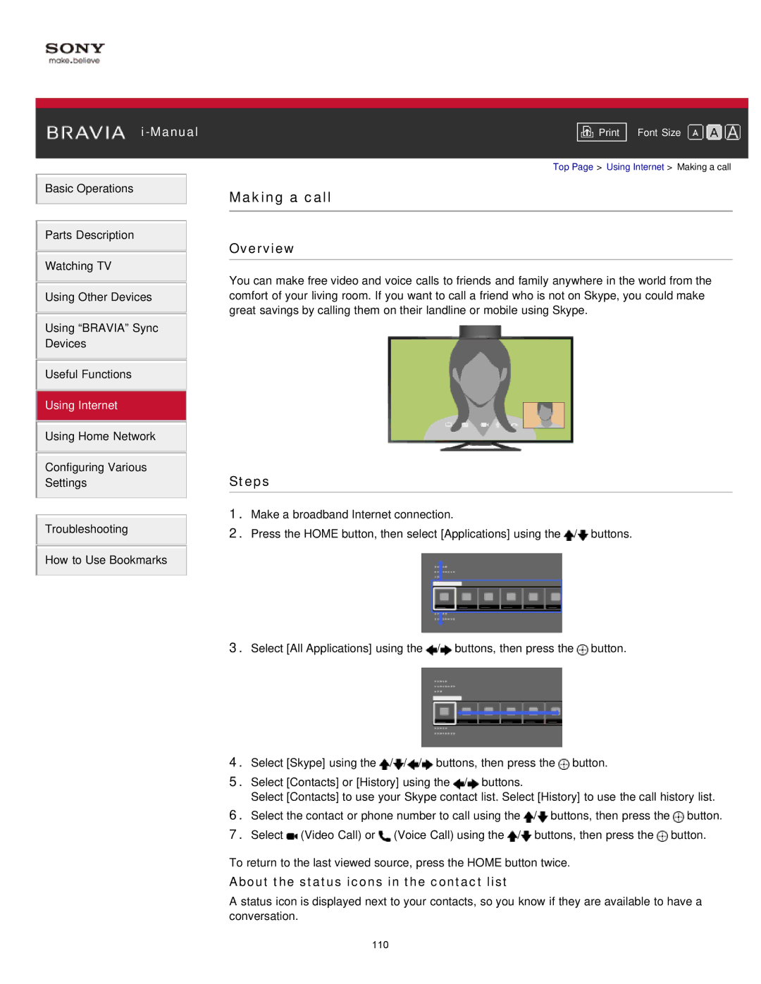 Sony KDL-47W802A manual Making a call, About the status icons in the contact list 