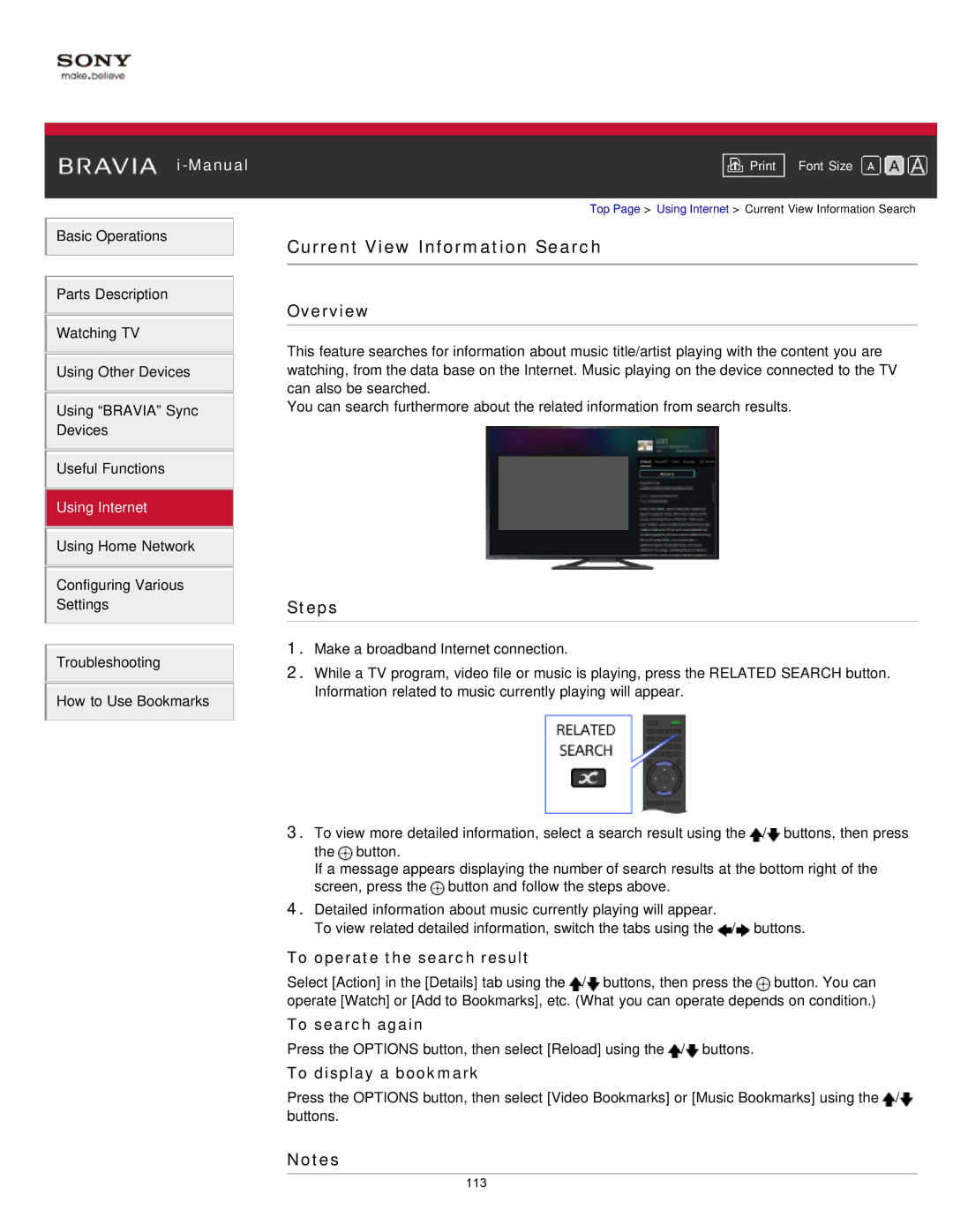 Sony KDL-47W802A Current View Information Search, To operate the search result, To search again, To display a bookmark 