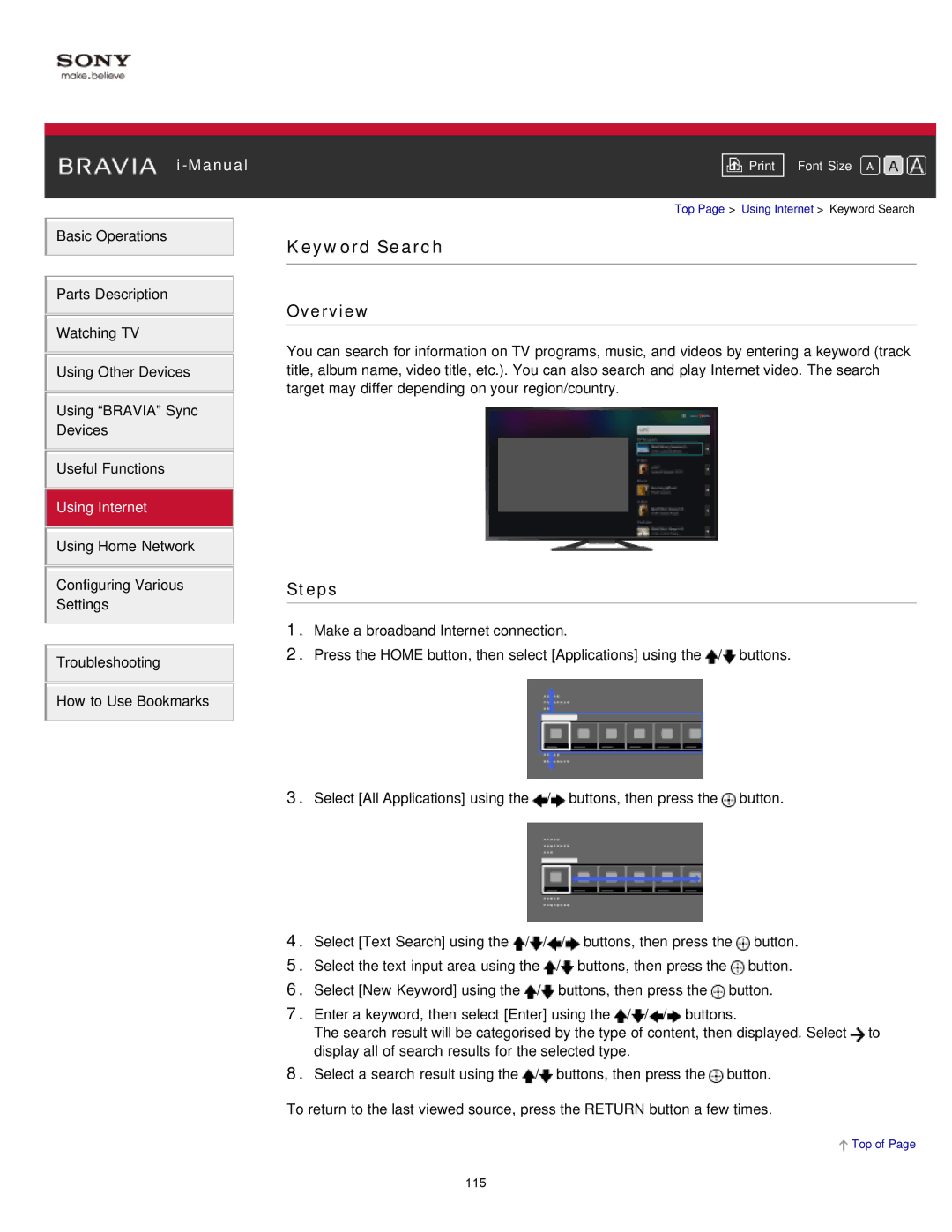 Sony KDL-47W802A manual Keyword Search 