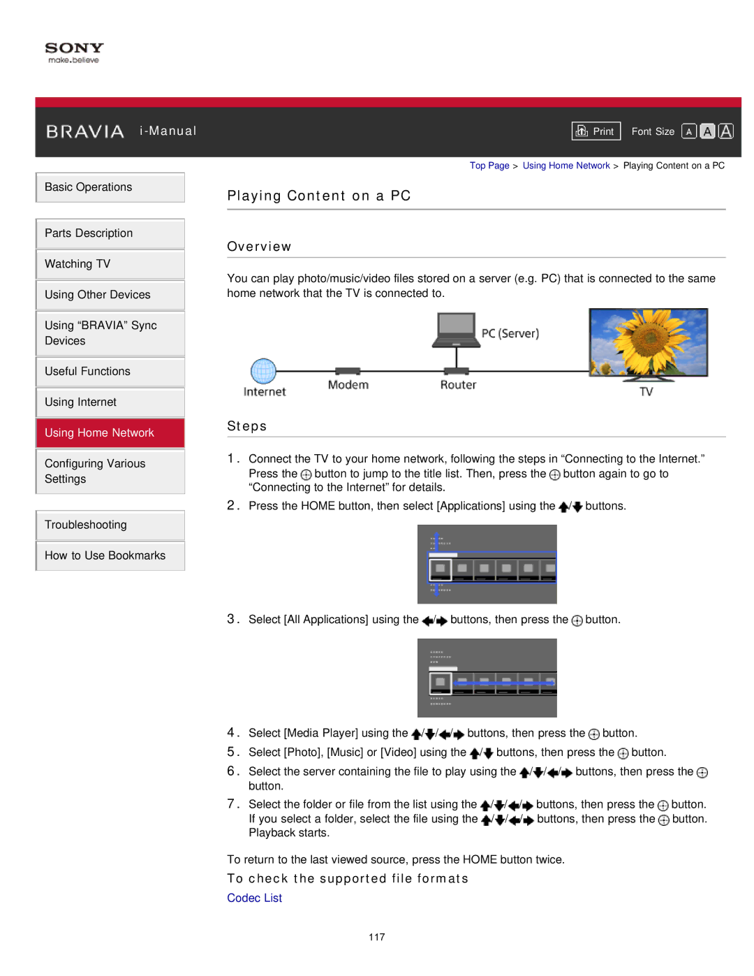 Sony KDL-47W802A manual Playing Content on a PC, To check the supported file formats 