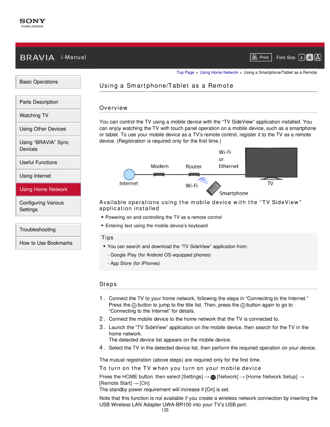 Sony KDL-47W802A manual Using a Smartphone/Tablet as a Remote, To turn on the TV when you turn on your mobile device 