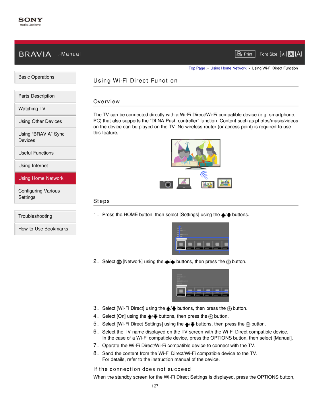 Sony KDL-47W802A manual Using Wi-Fi Direct Function, If the connection does not succeed 