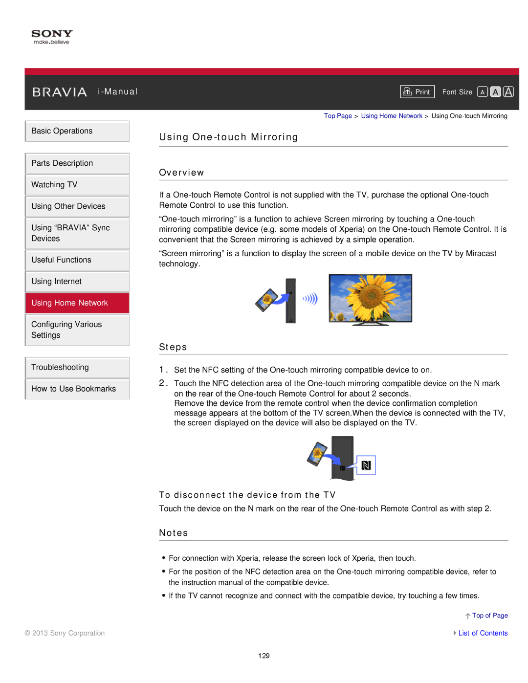 Sony KDL-47W802A manual Using One-touch Mirroring, To disconnect the device from the TV 