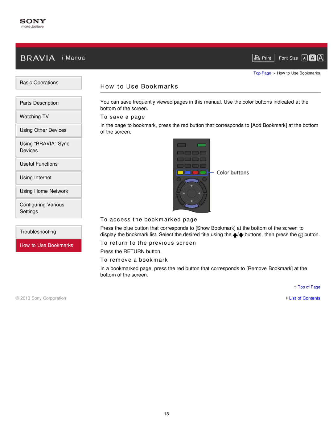 Sony KDL-47W802A manual How to Use Bookmarks, To save a, To access the bookmarked, To return to the previous screen 