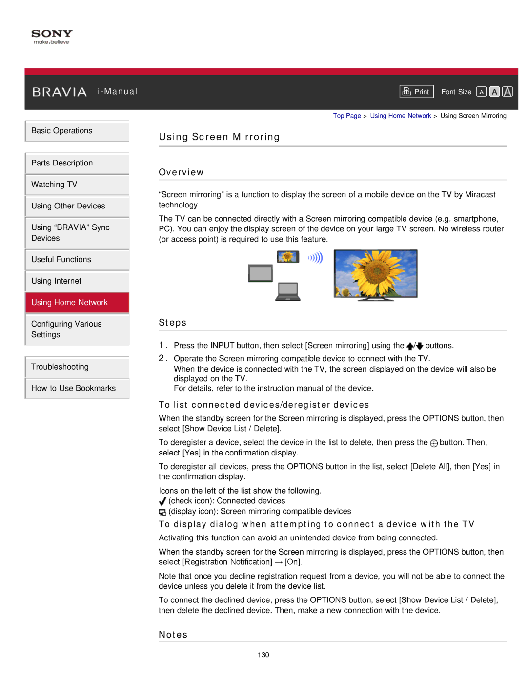 Sony KDL-47W802A manual Using Screen Mirroring 