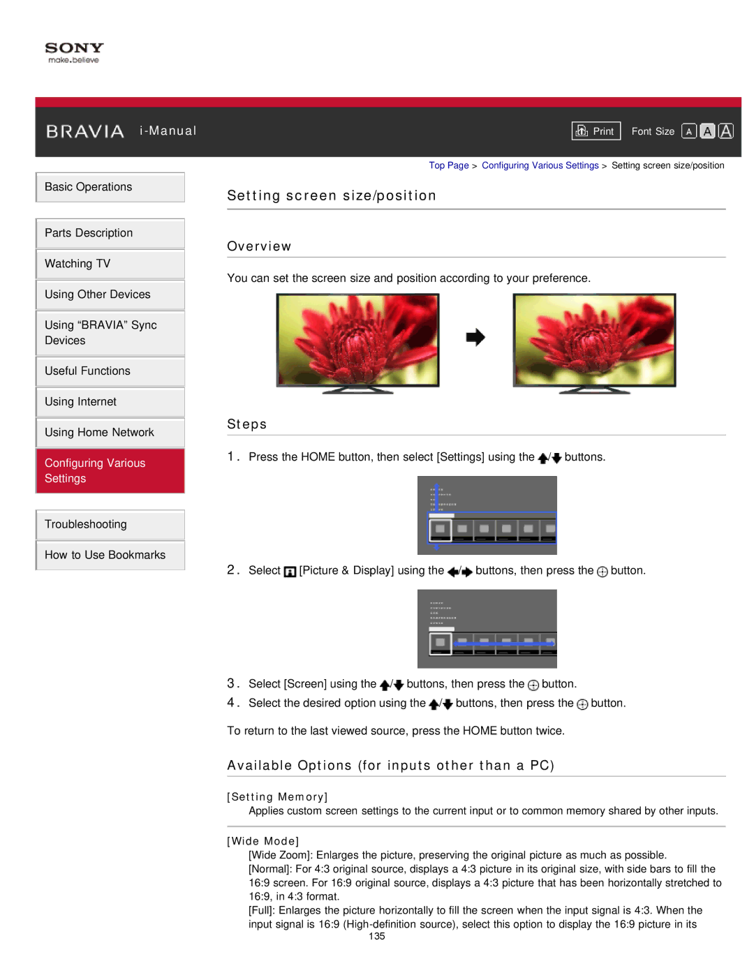 Sony KDL-47W802A manual Setting screen size/position, Available Options for inputs other than a PC, Wide Mode 