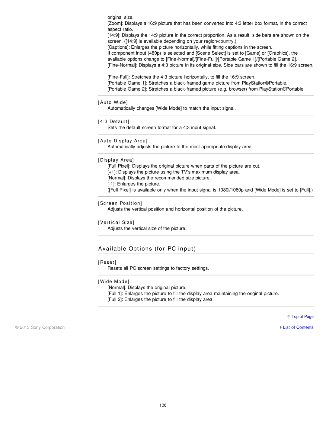 Sony KDL-47W802A manual Available Options for PC input 