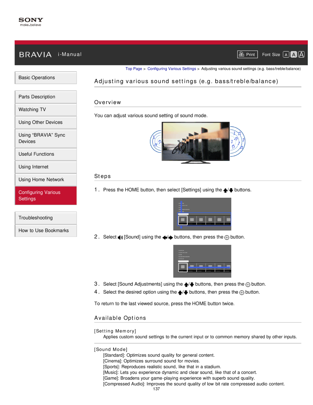 Sony KDL-47W802A manual Adjusting various sound settings e.g. bass/treble/balance, Sound Mode 