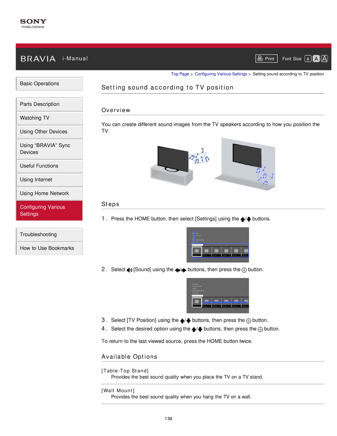 Sony KDL-47W802A manual Setting sound according to TV position, Table-Top Stand, Wall Mount 