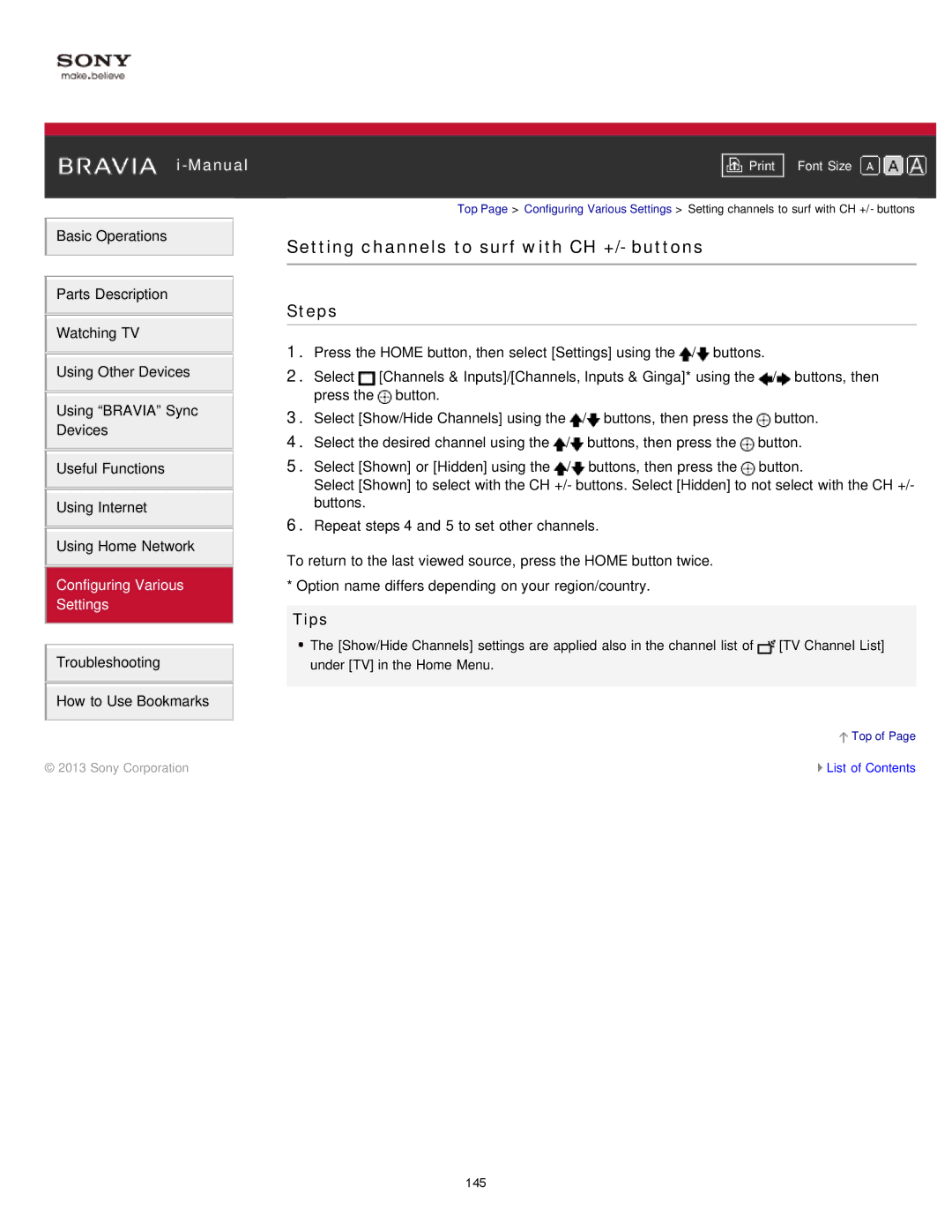 Sony KDL-47W802A manual Setting channels to surf with CH +/- buttons 