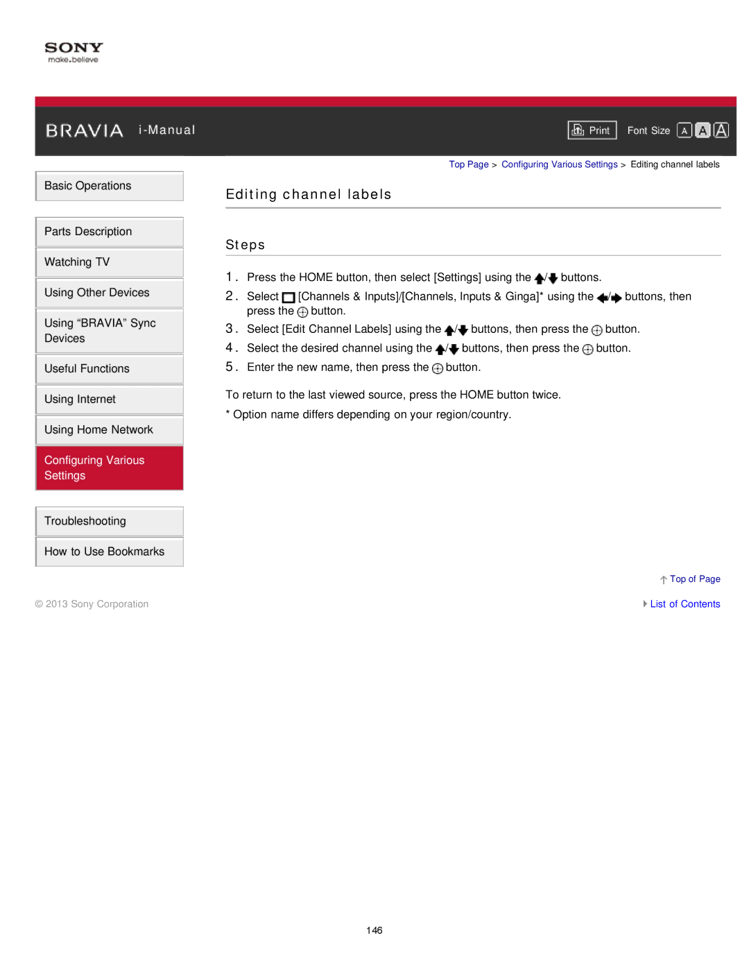 Sony KDL-47W802A manual Editing channel labels 