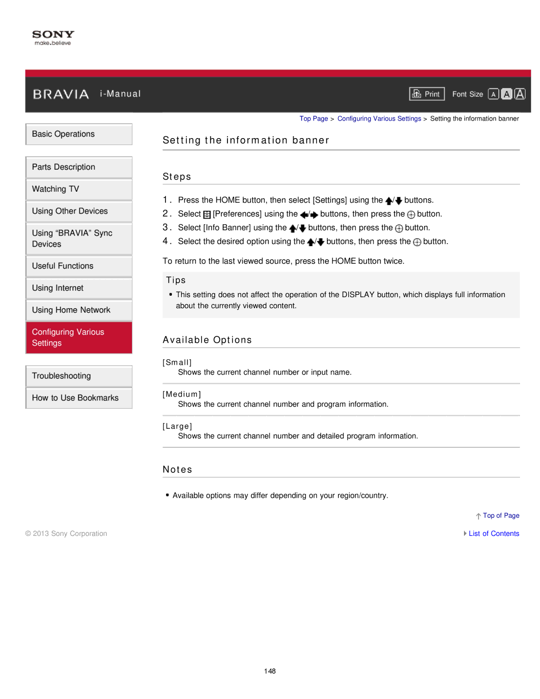 Sony KDL-47W802A manual Setting the information banner, Small, Medium, Large 