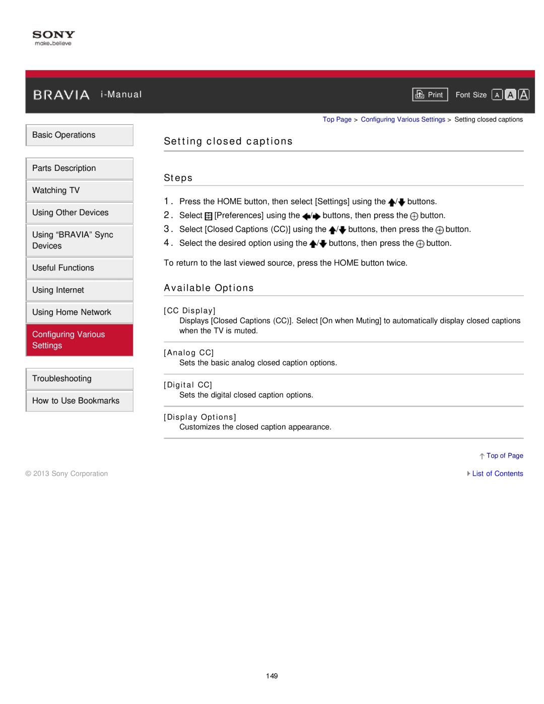 Sony KDL-47W802A manual Setting closed captions, CC Display, Analog CC, Digital CC, Display Options 