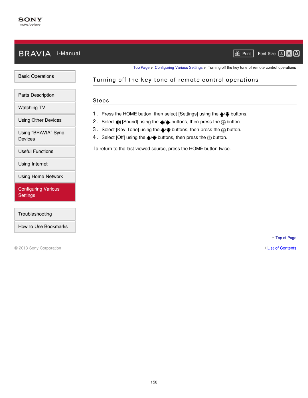 Sony KDL-47W802A manual Turning off the key tone of remote control operations 