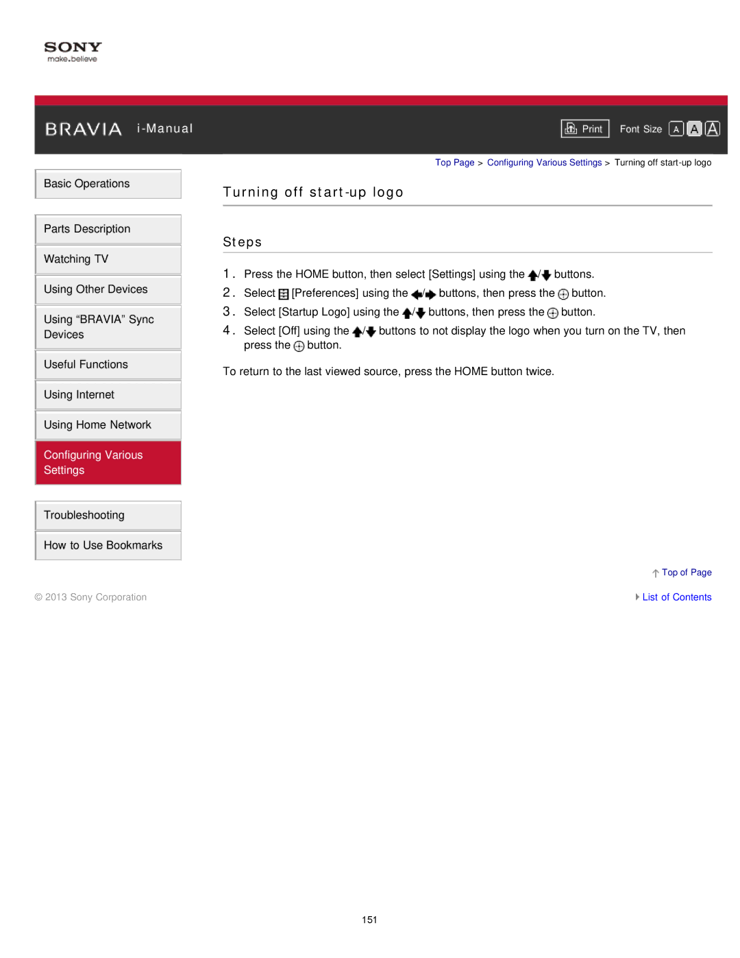 Sony KDL-47W802A manual Turning off start-up logo 