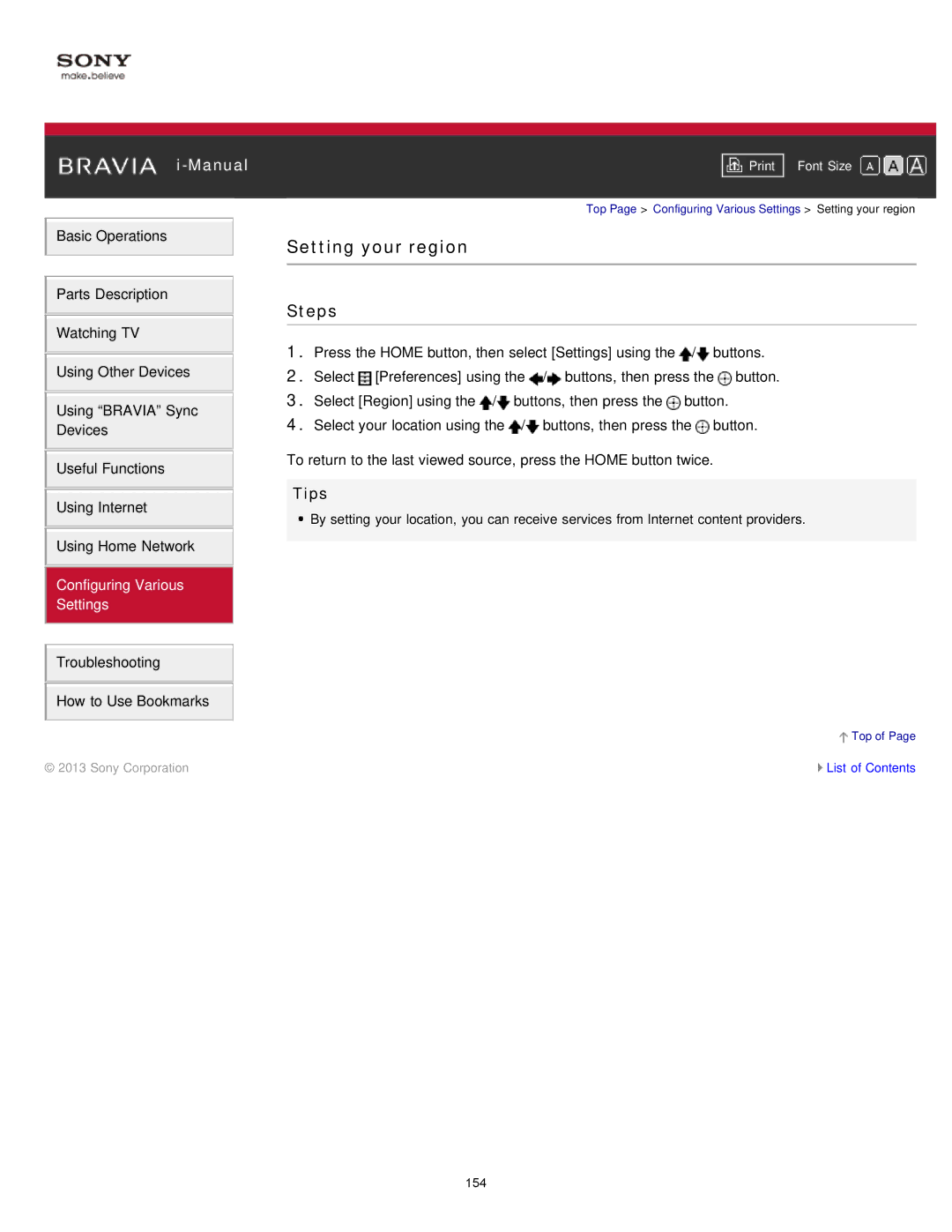 Sony KDL-47W802A manual Setting your region, Tips 