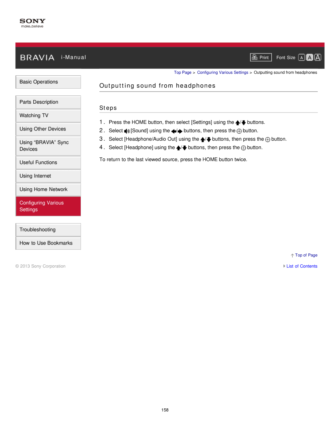 Sony KDL-47W802A manual Outputting sound from headphones 