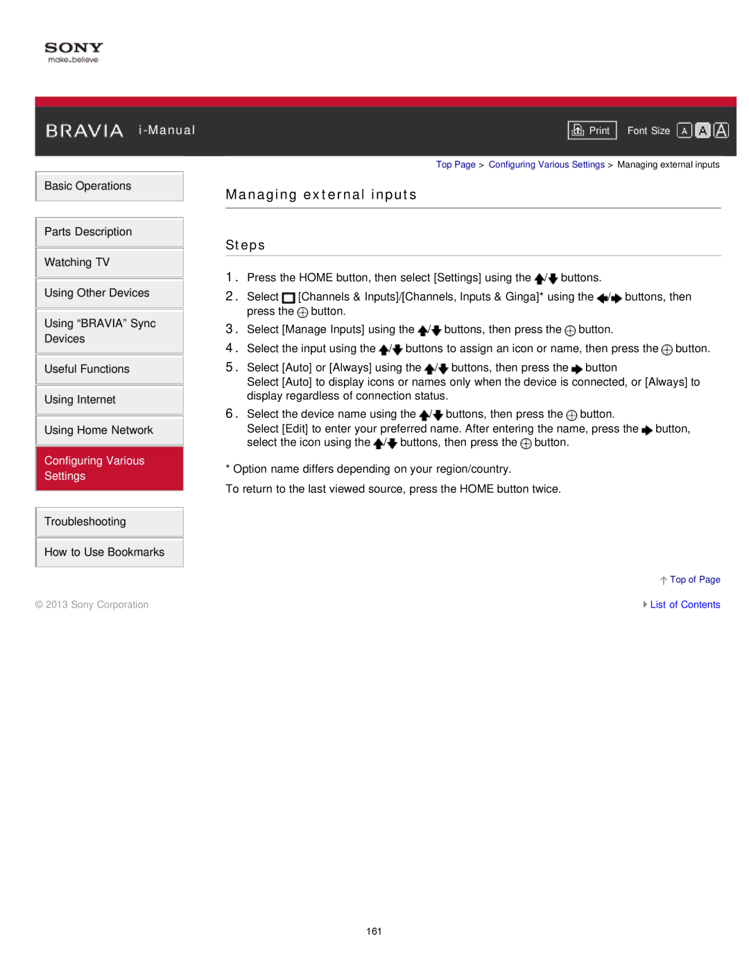 Sony KDL-47W802A manual Managing external inputs 