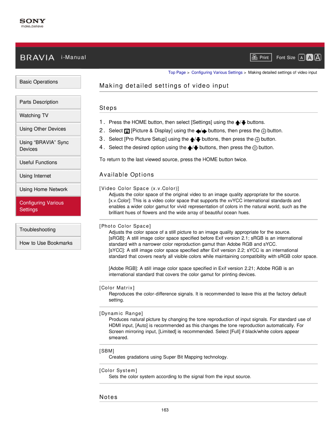 Sony KDL-47W802A manual Making detailed settings of video input 