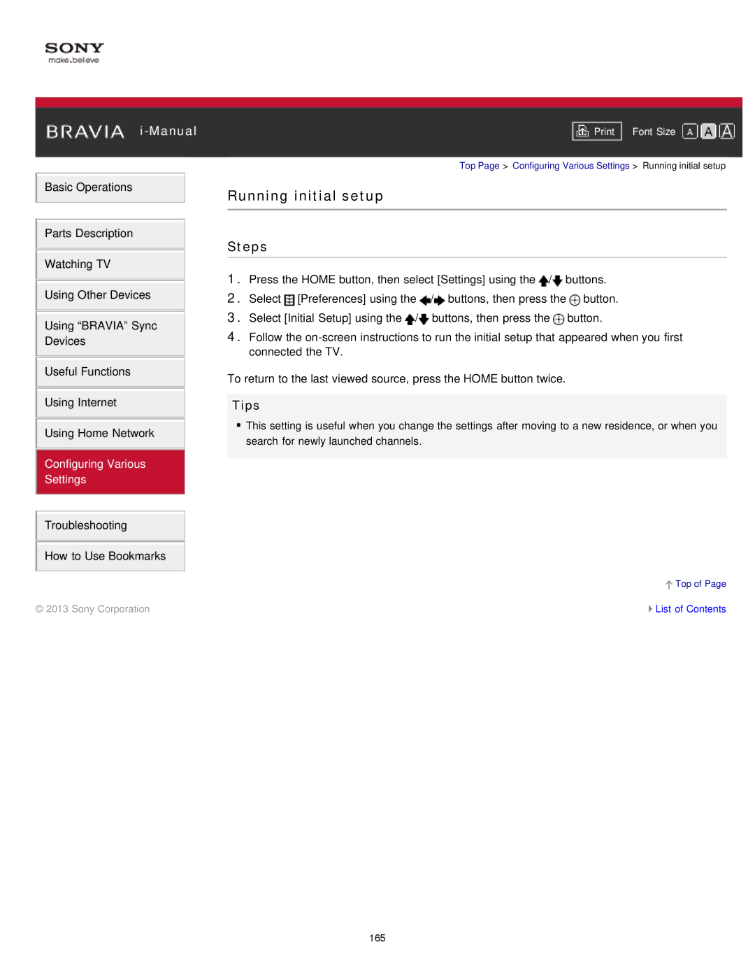 Sony KDL-47W802A manual Running initial setup, Tips 