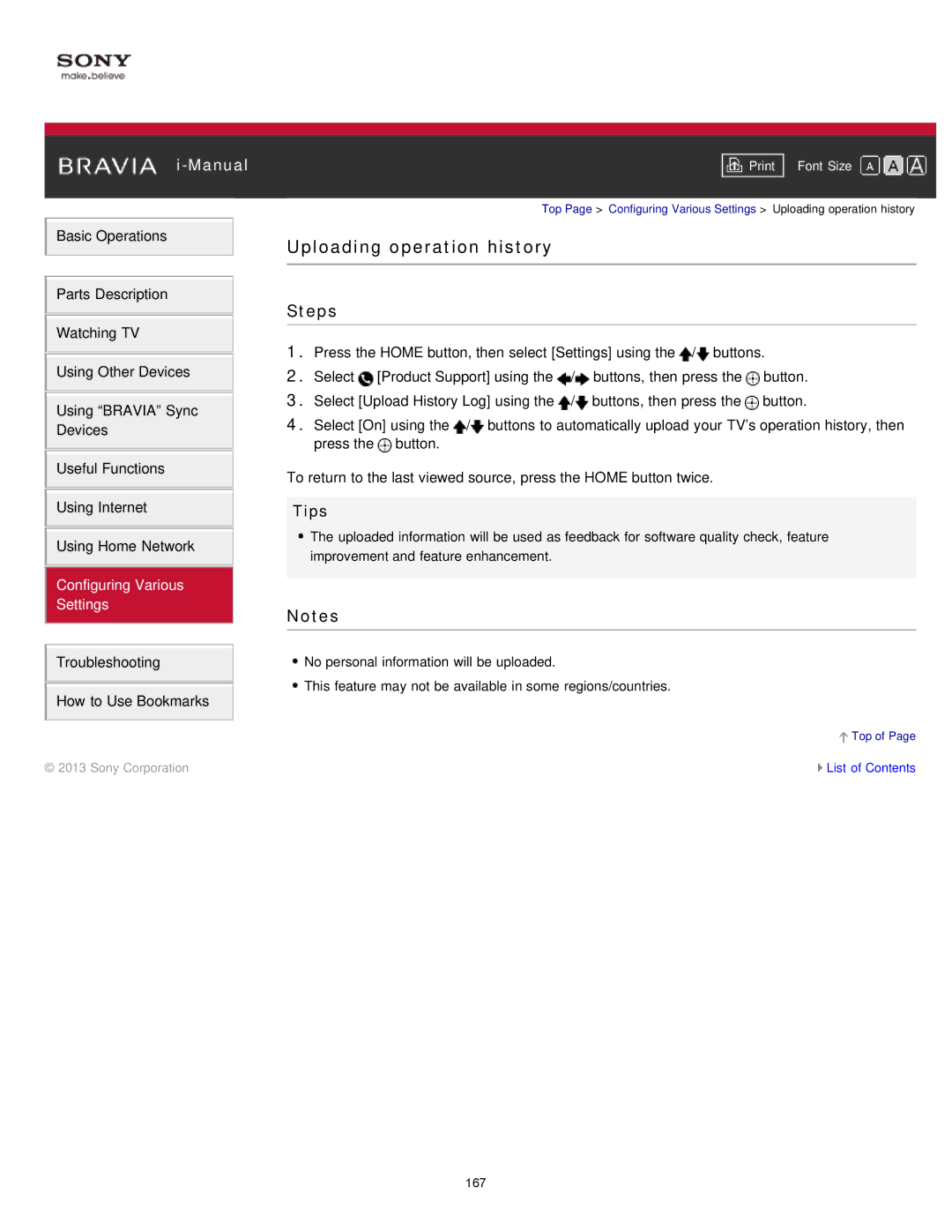 Sony KDL-47W802A manual Uploading operation history 