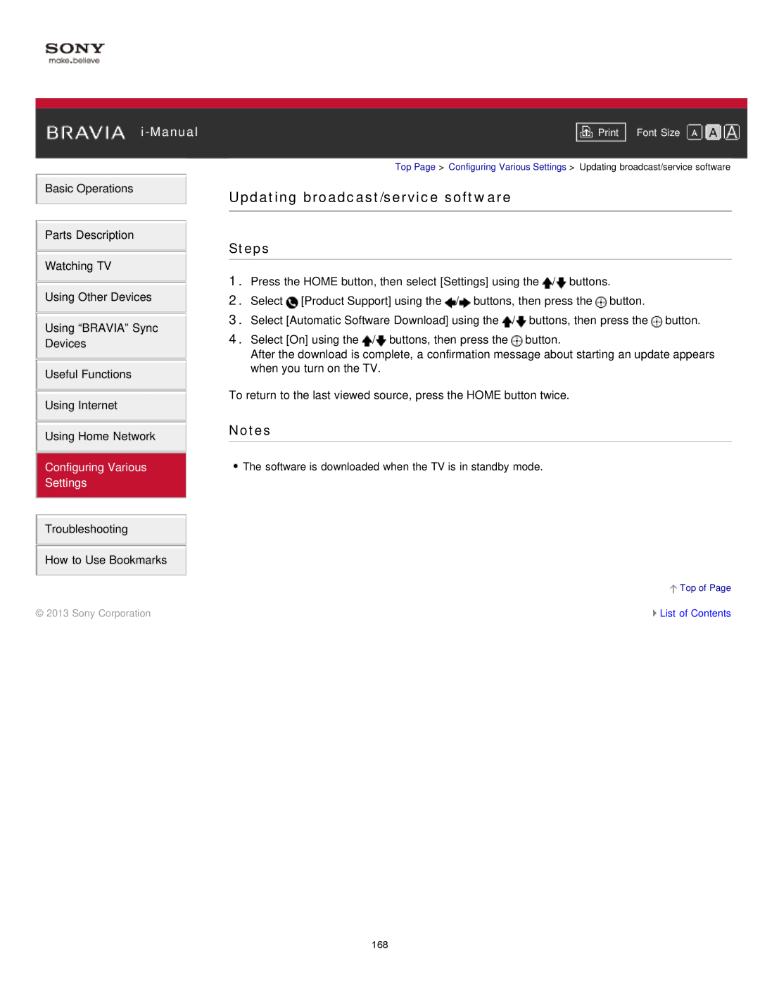 Sony KDL-47W802A manual Updating broadcast/service software 