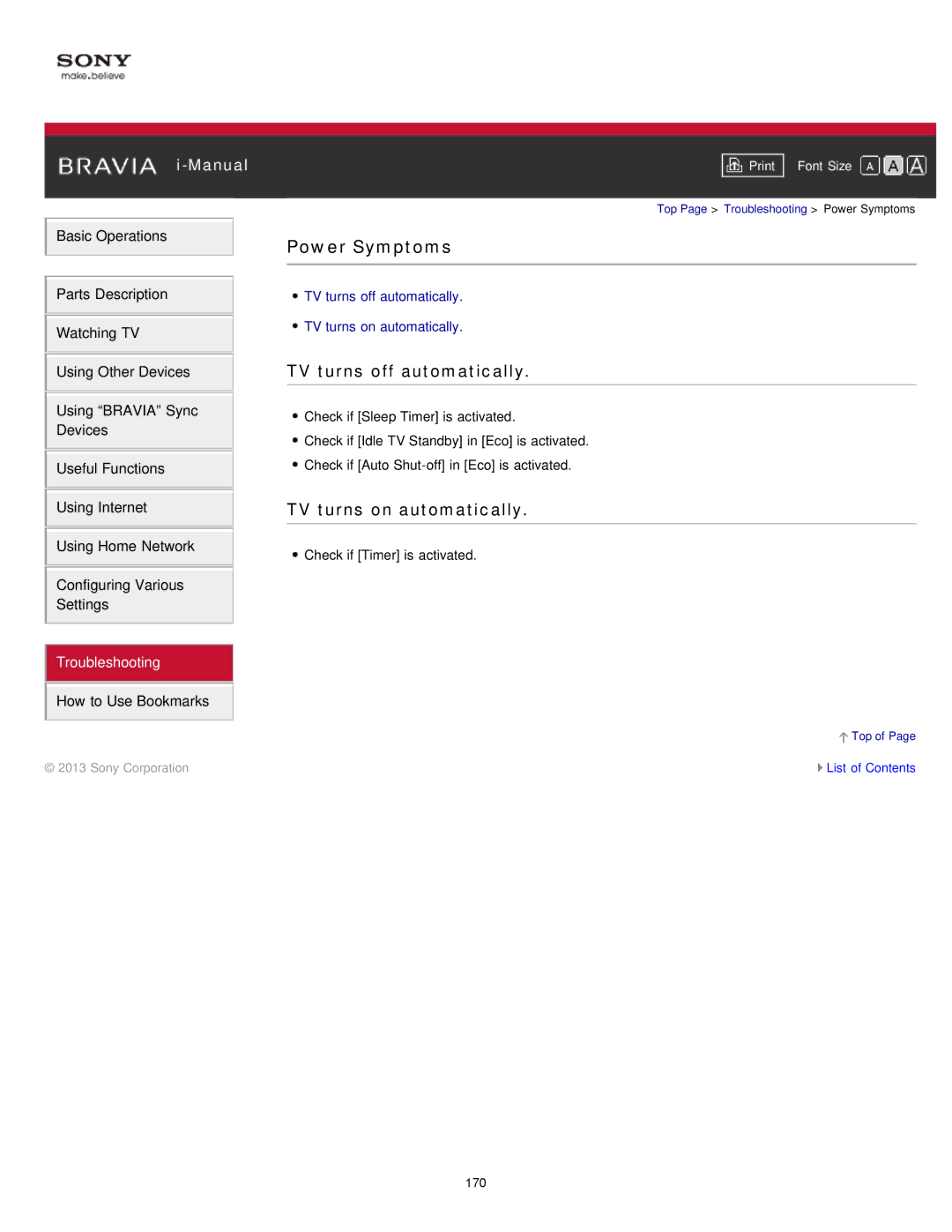 Sony KDL-47W802A manual Power Symptoms, TV turns off automatically, TV turns on automatically 