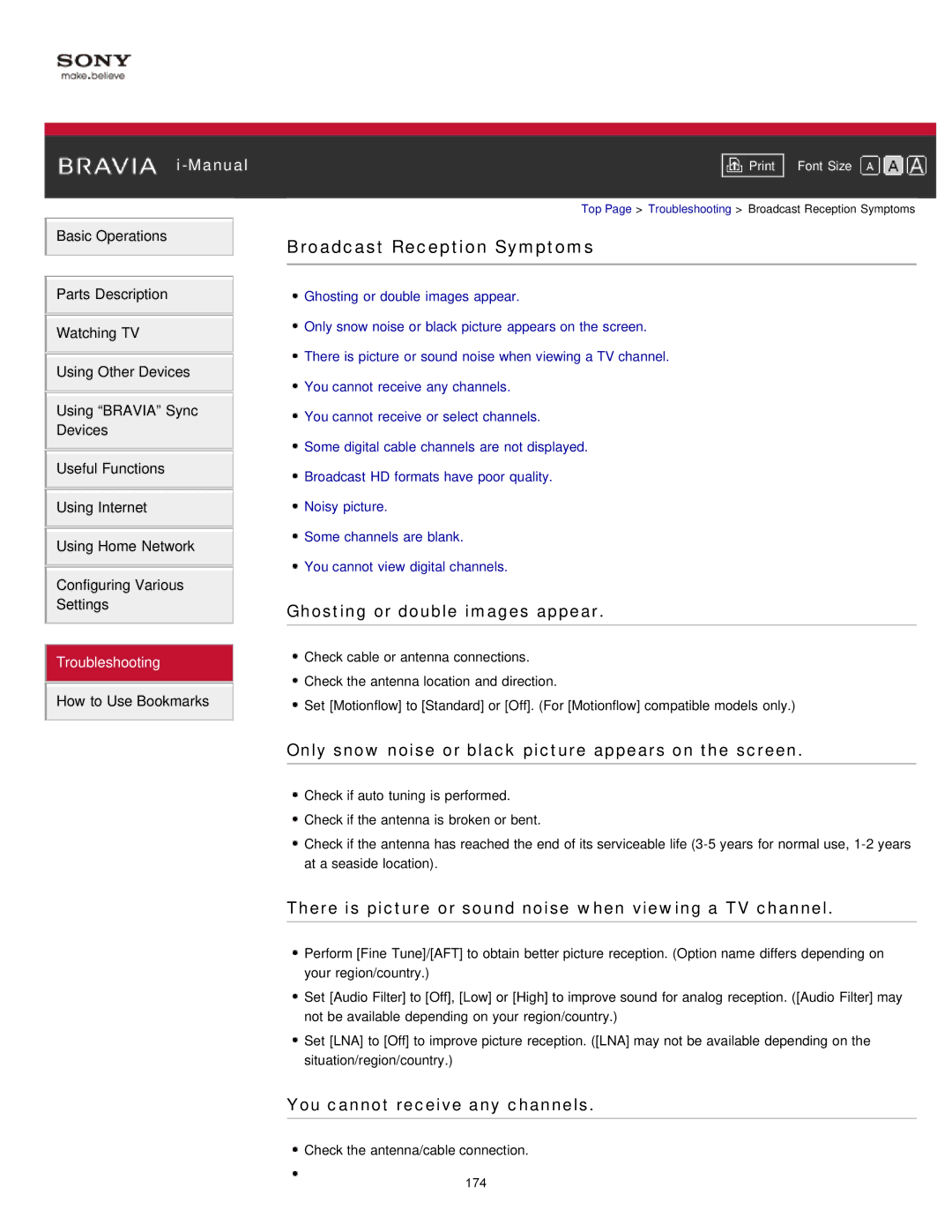 Sony KDL-47W802A manual Broadcast Reception Symptoms, Ghosting or double images appear, You cannot receive any channels 