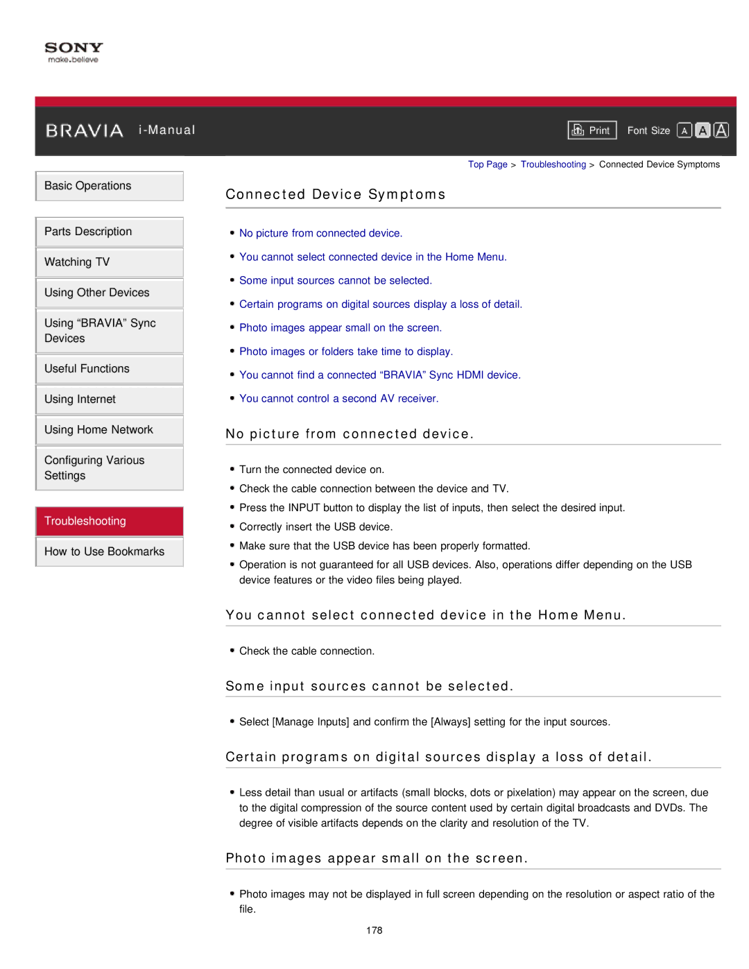 Sony KDL-47W802A manual Connected Device Symptoms, No picture from connected device, Some input sources cannot be selected 