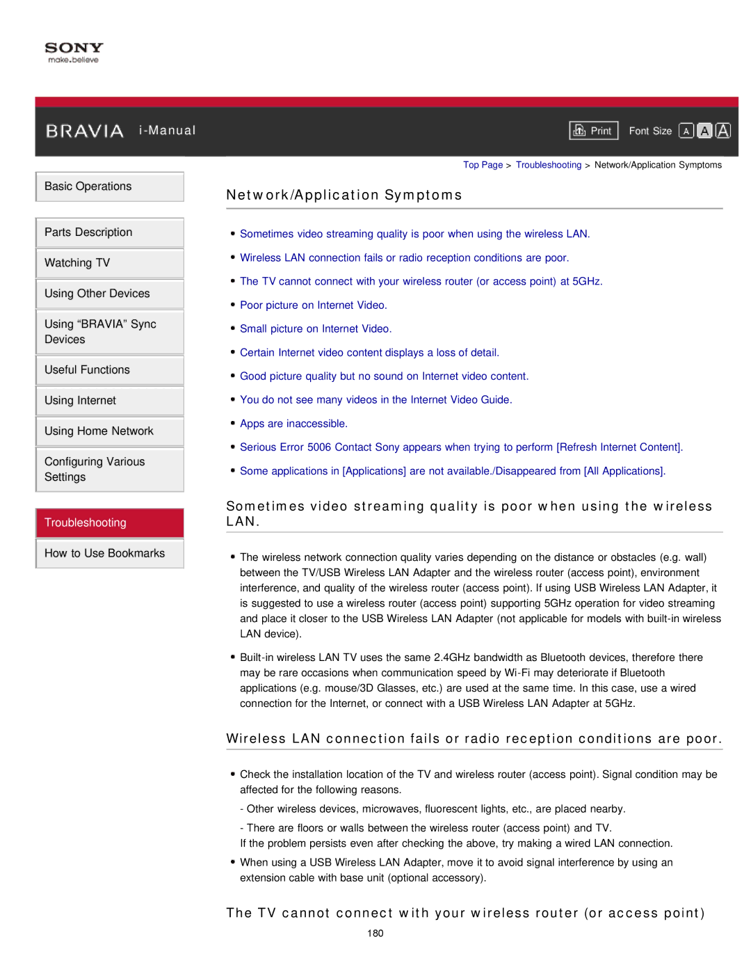 Sony KDL-47W802A manual Network/Application Symptoms, TV cannot connect with your wireless router or access point 