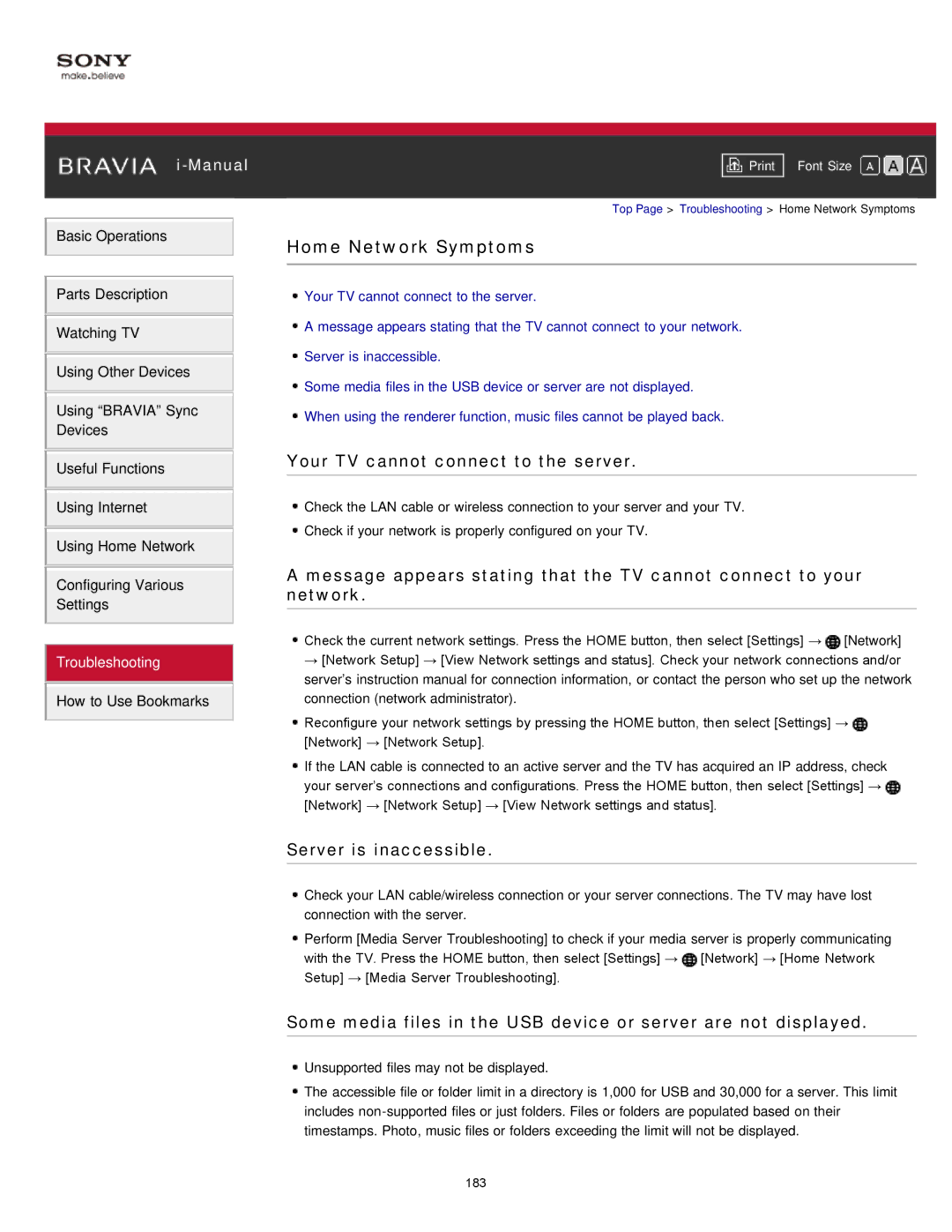 Sony KDL-47W802A manual Home Network Symptoms, Your TV cannot connect to the server, Server is inaccessible 