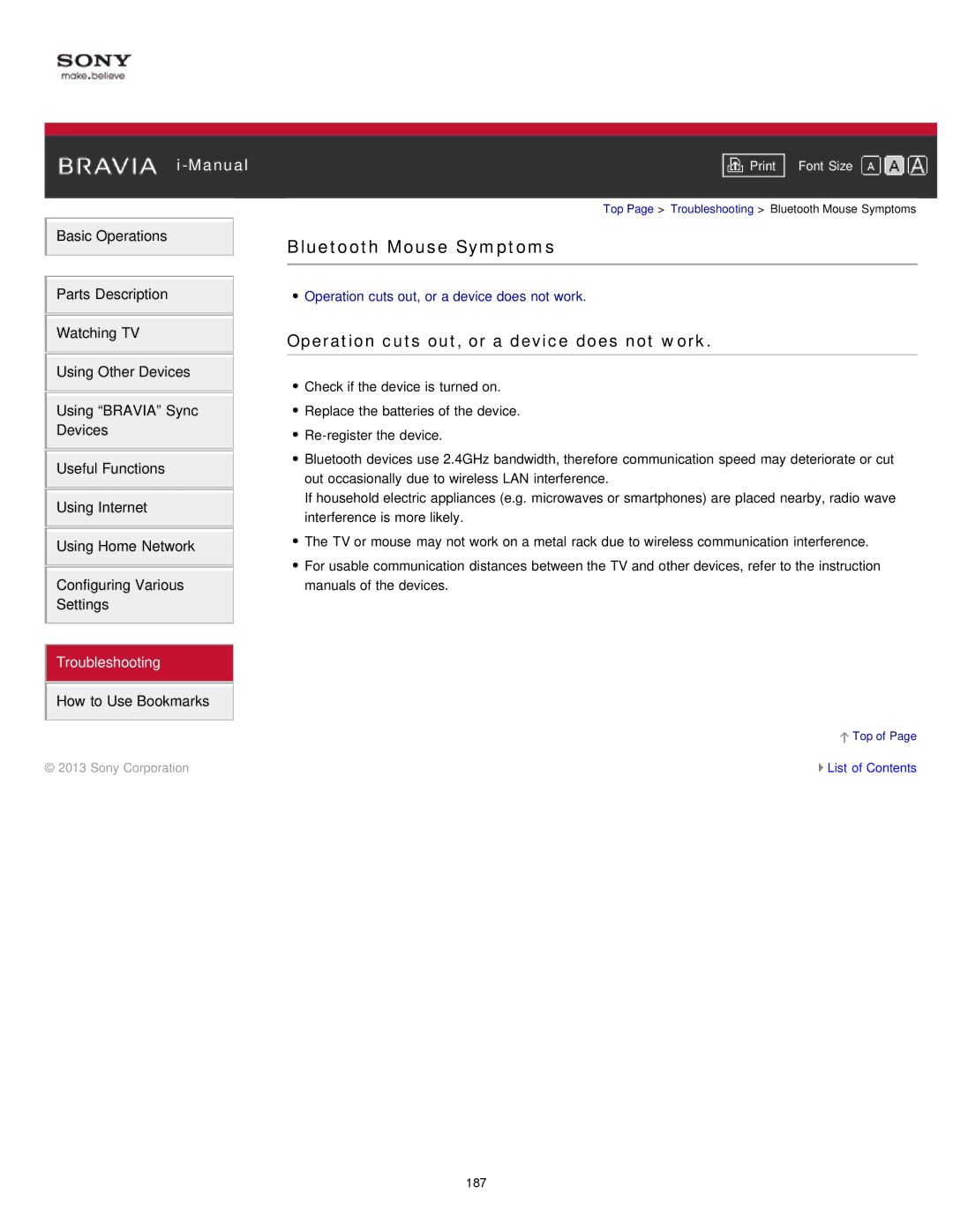 Sony KDL-47W802A manual Bluetooth Mouse Symptoms, Operation cuts out, or a device does not work 