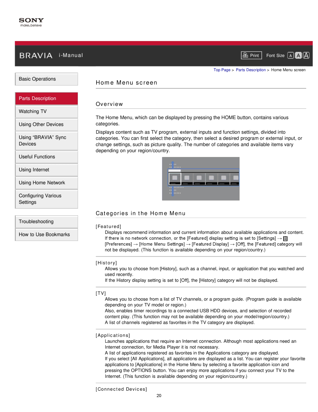 Sony KDL-47W802A manual Home Menu screen, Overview, Categories in the Home Menu 