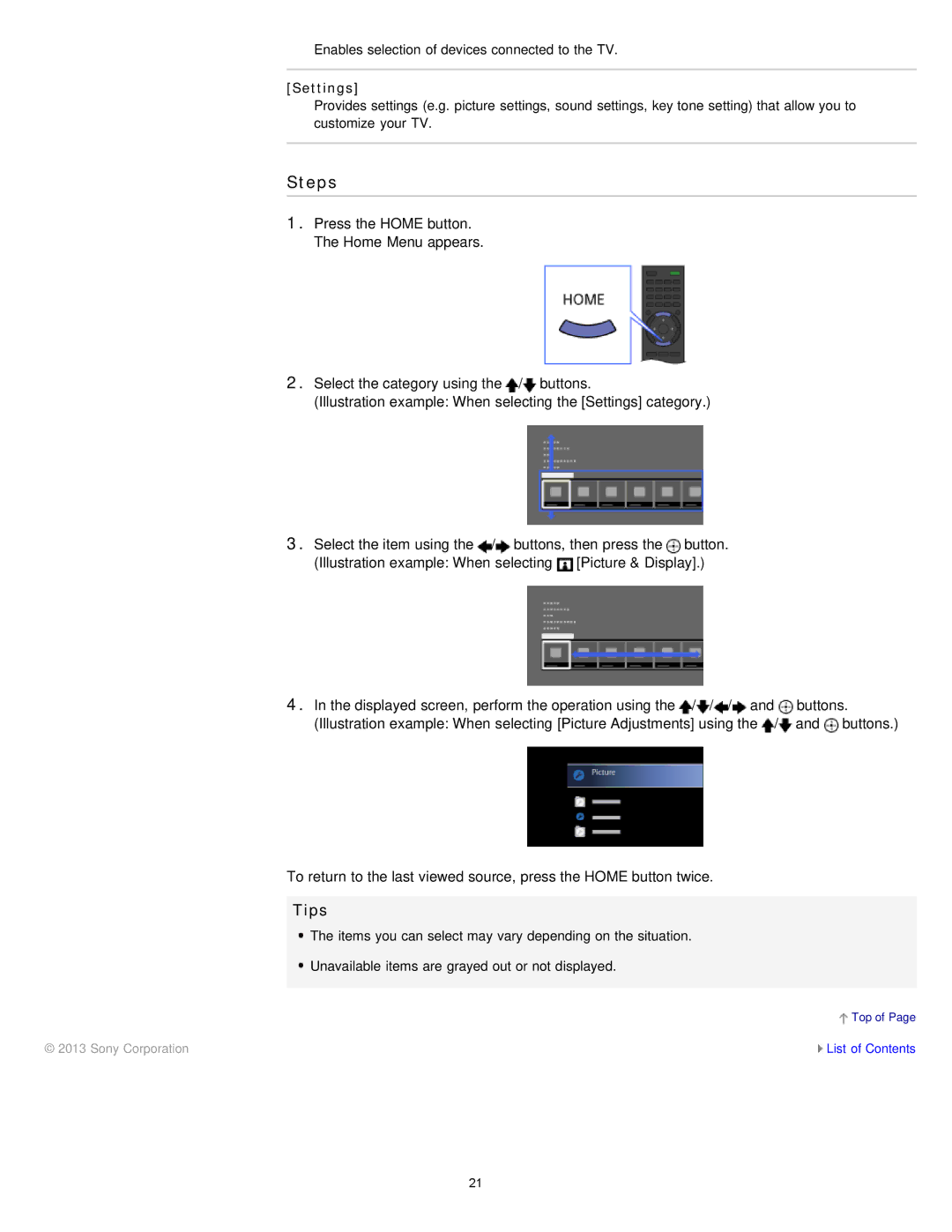 Sony KDL-47W802A manual Steps, Tips, Settings 