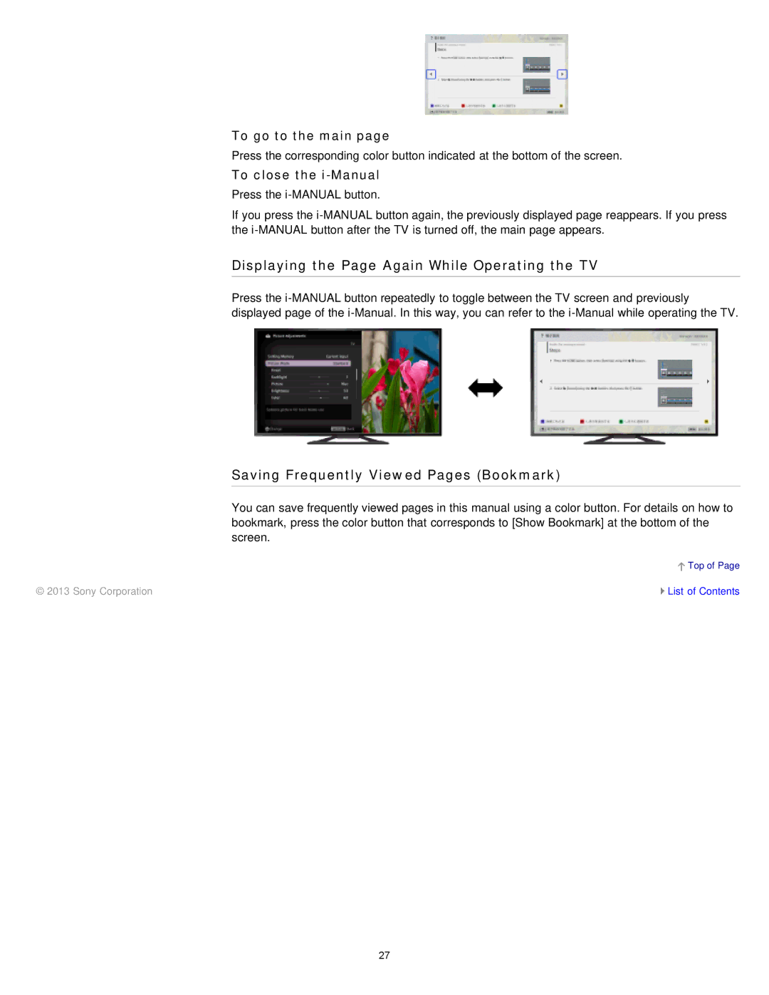 Sony KDL-47W802A manual Displaying the Page Again While Operating the TV, Saving Frequently Viewed Pages Bookmark 