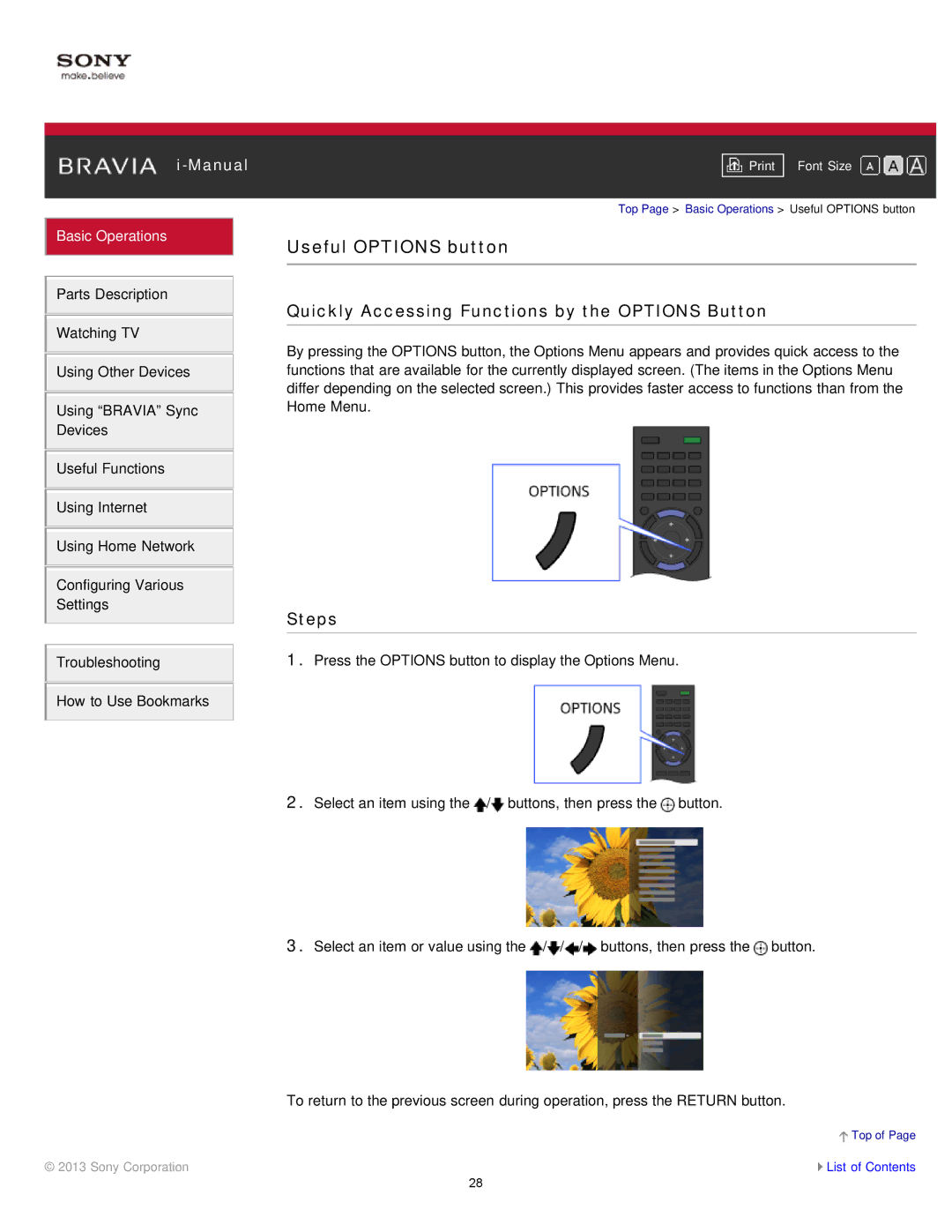 Sony KDL-47W802A manual Useful Options button, Quickly Accessing Functions by the Options Button 