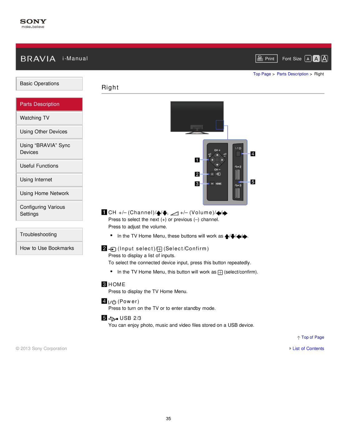 Sony KDL-47W802A manual Right, CH +/- Channel/ / , +/- Volume, Input select/ Select/Confirm, Power, USB 2/3 