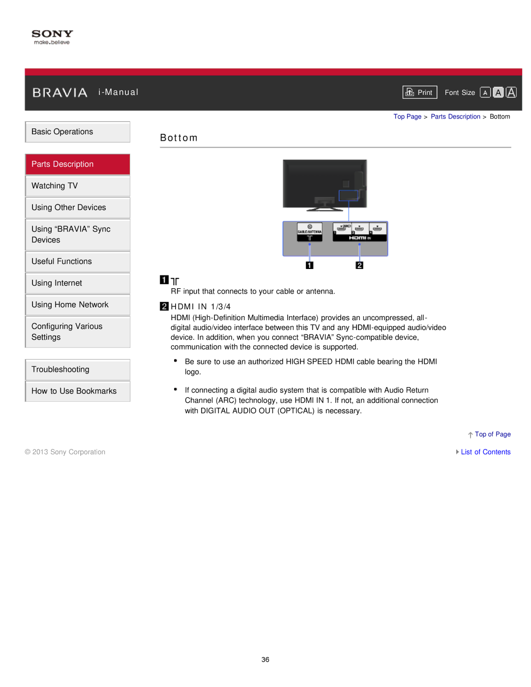 Sony KDL-47W802A manual Bottom, Hdmi in 1/3/4 