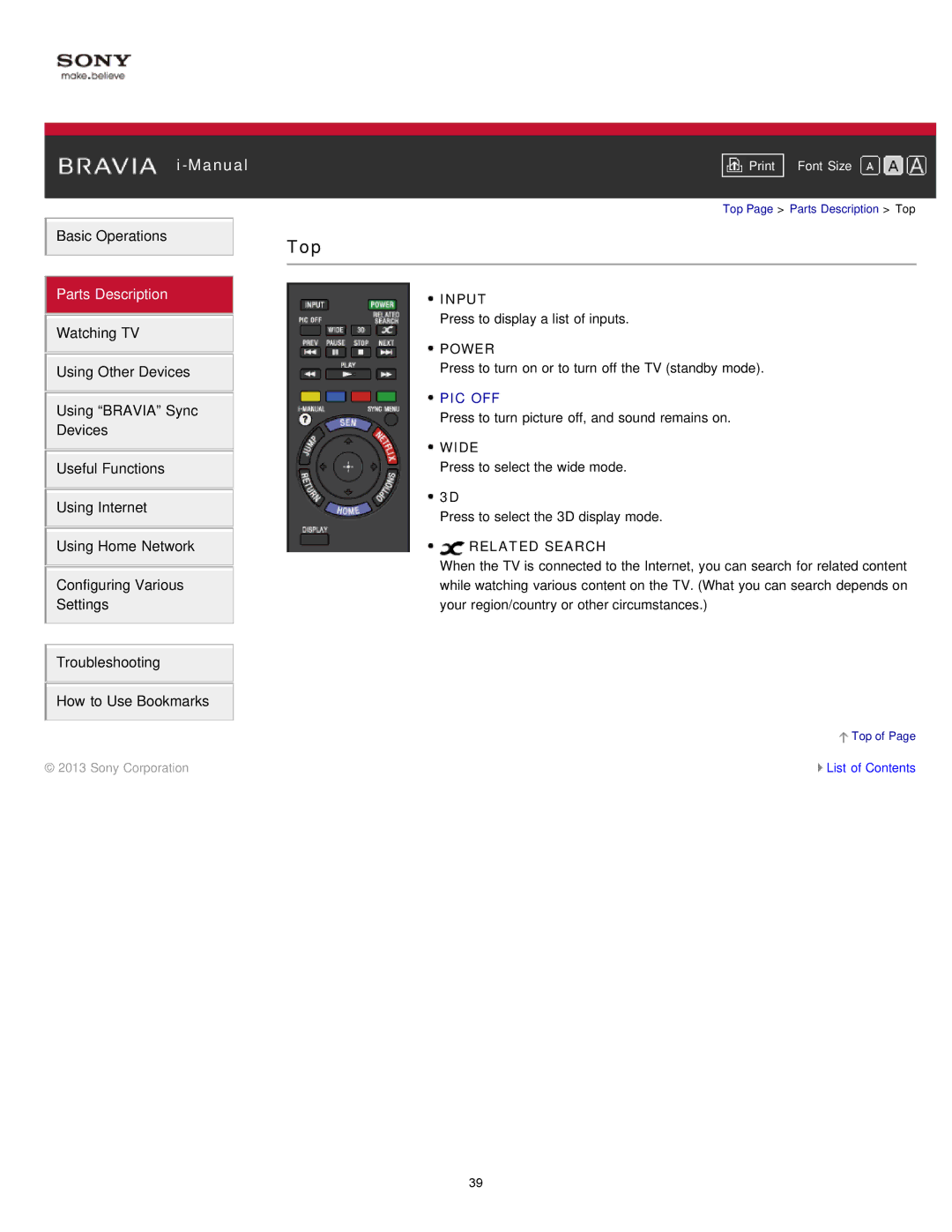 Sony KDL-47W802A manual Top, Pic Off 