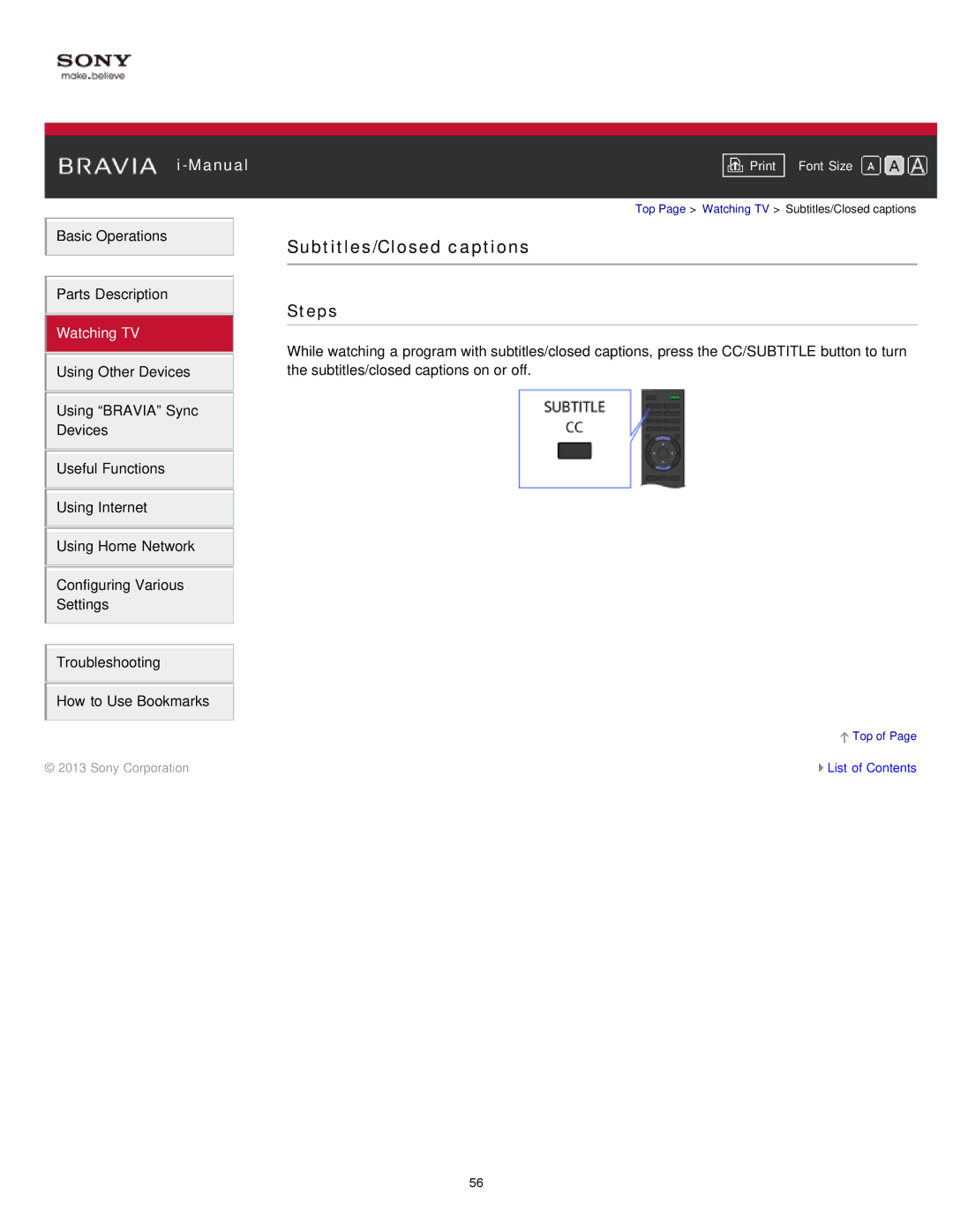 Sony KDL-47W802A manual Subtitles/Closed captions 