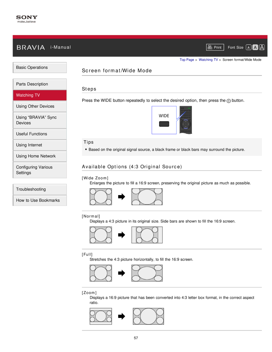 Sony KDL-47W802A manual Screen format/Wide Mode, Available Options 43 Original Source 