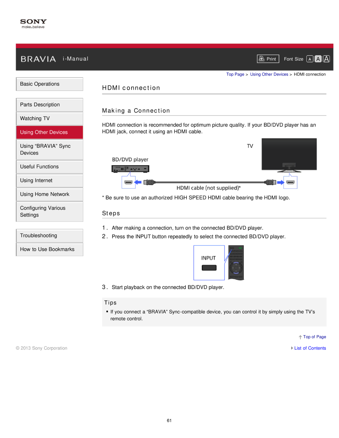 Sony KDL-47W802A manual Hdmi connection, Making a Connection 