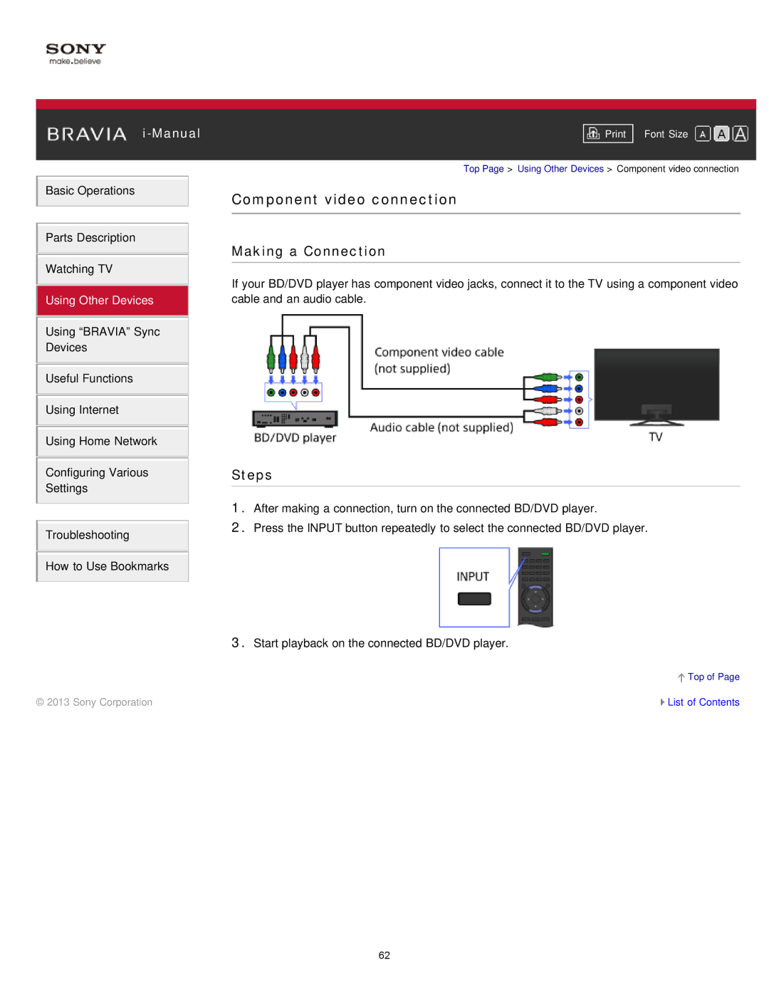 Sony KDL-47W802A manual Component video connection 