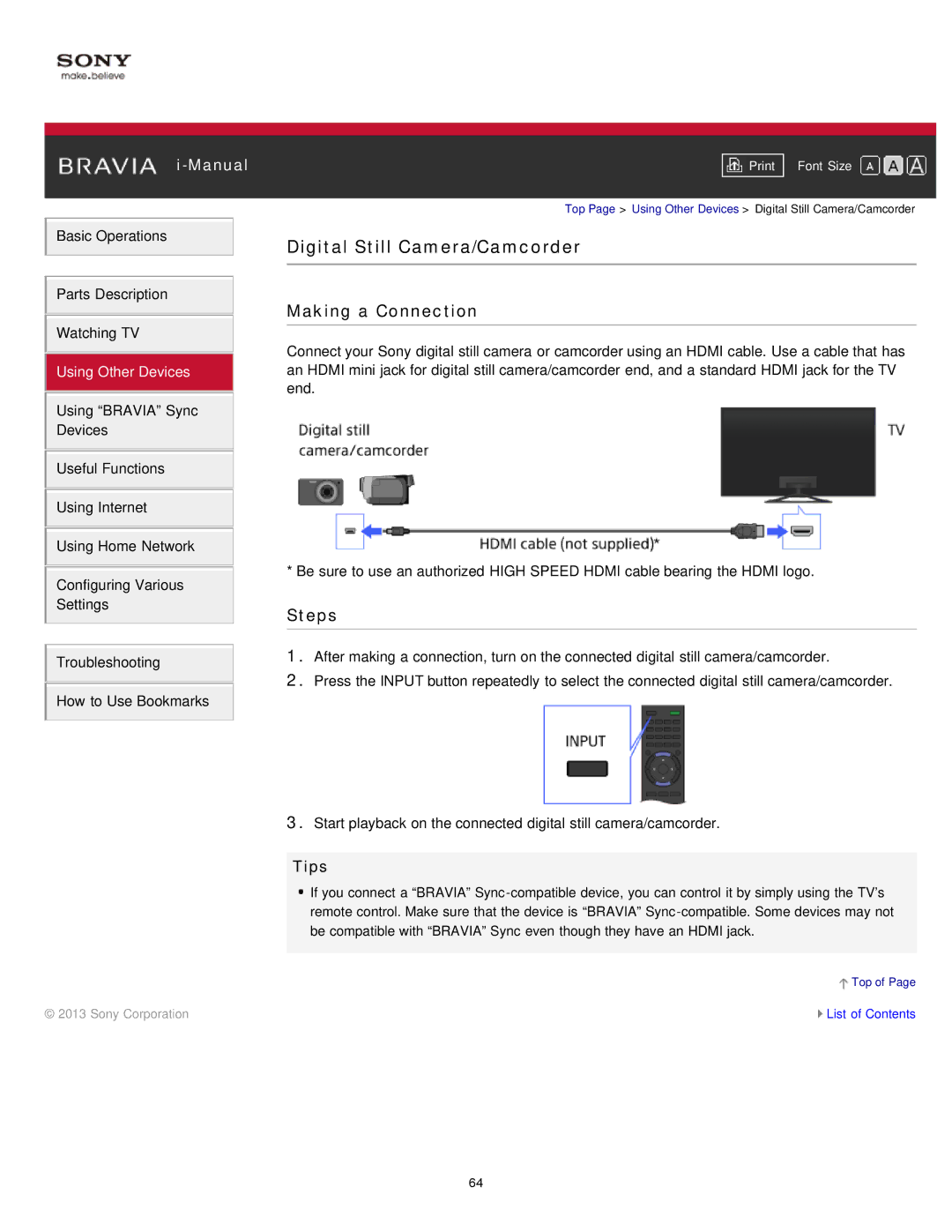 Sony KDL-47W802A manual Digital Still Camera/Camcorder, Tips 