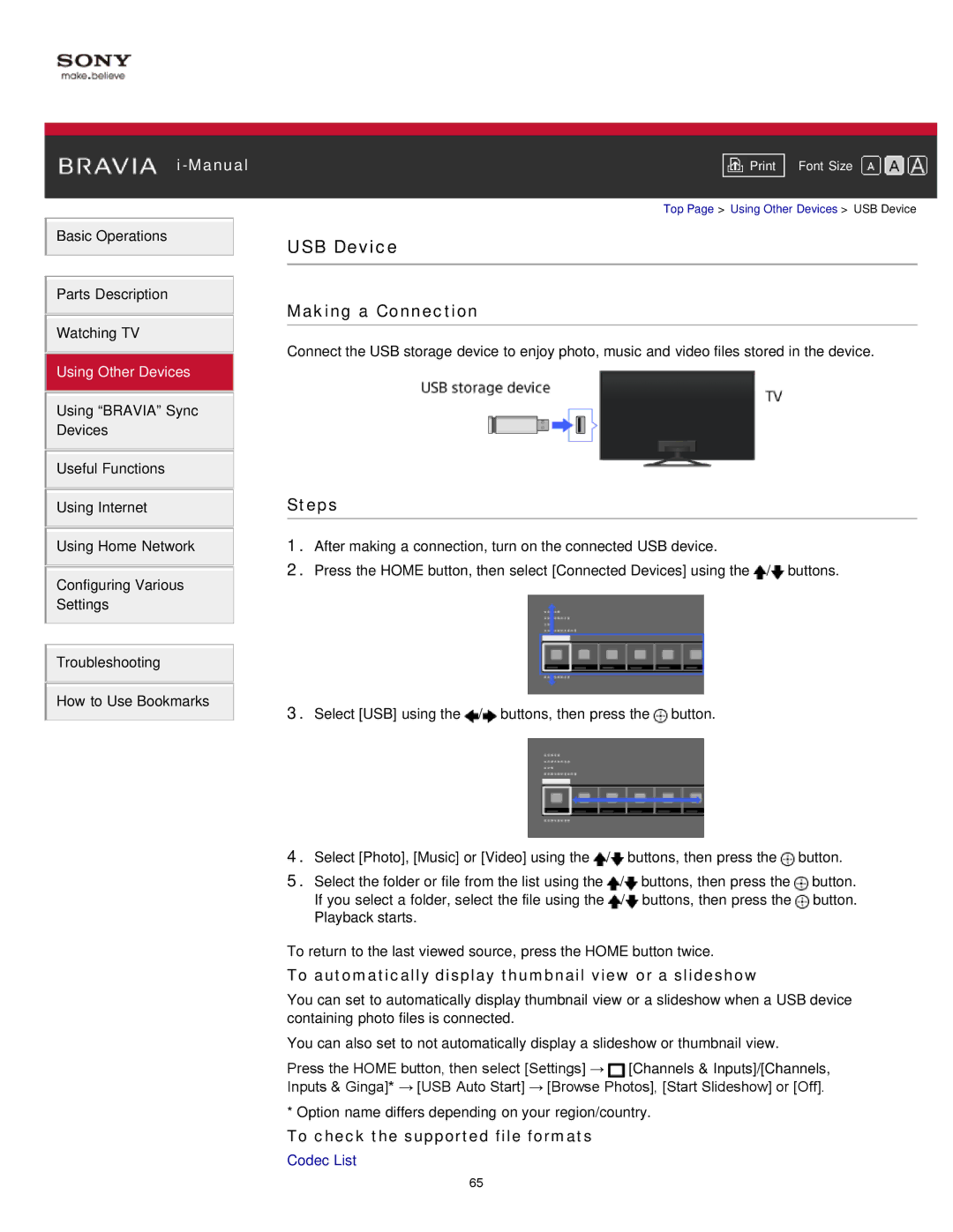 Sony KDL-47W802A USB Device, To automatically display thumbnail view or a slideshow, To check the supported file formats 