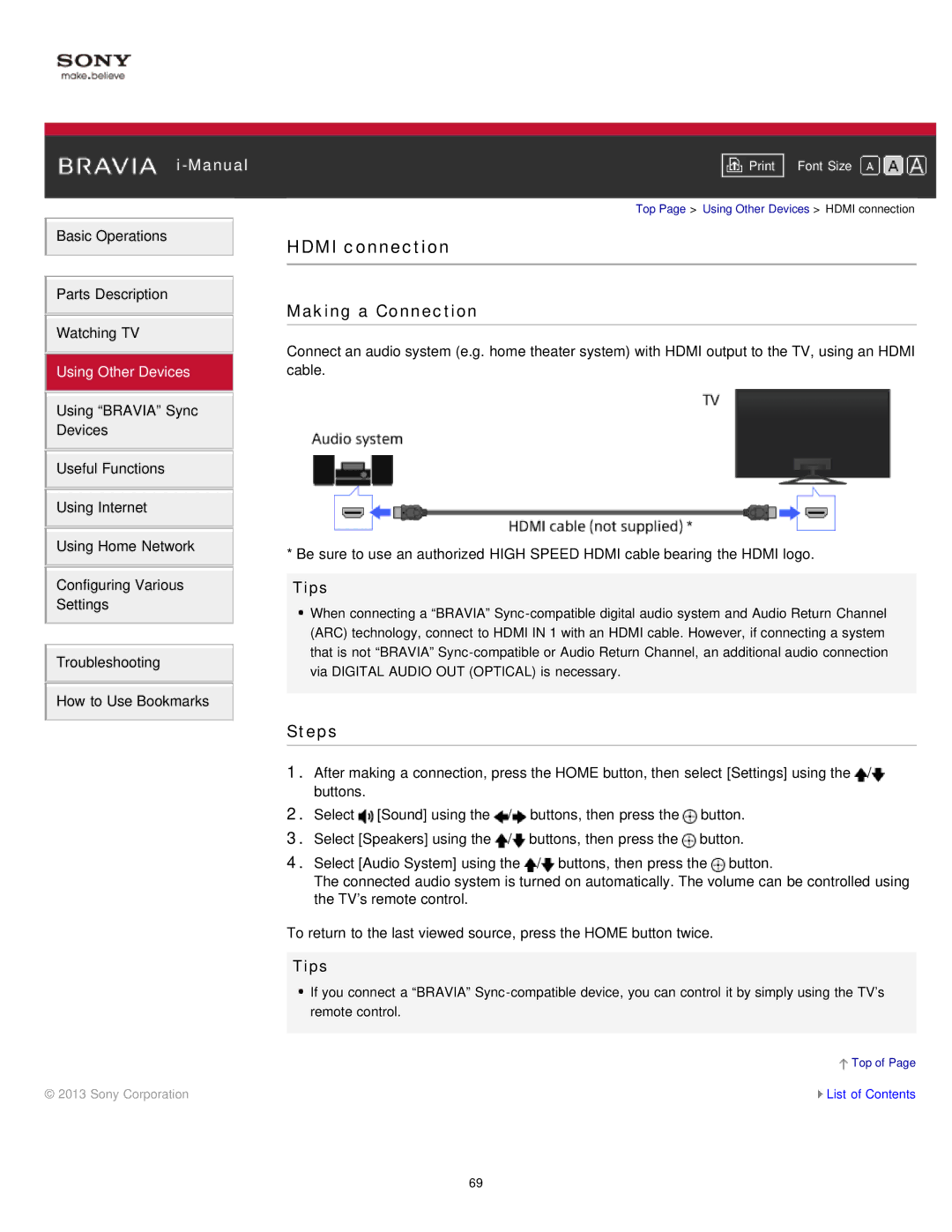 Sony KDL-47W802A manual Hdmi connection 