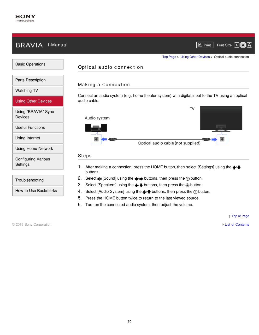 Sony KDL-47W802A manual Optical audio connection 