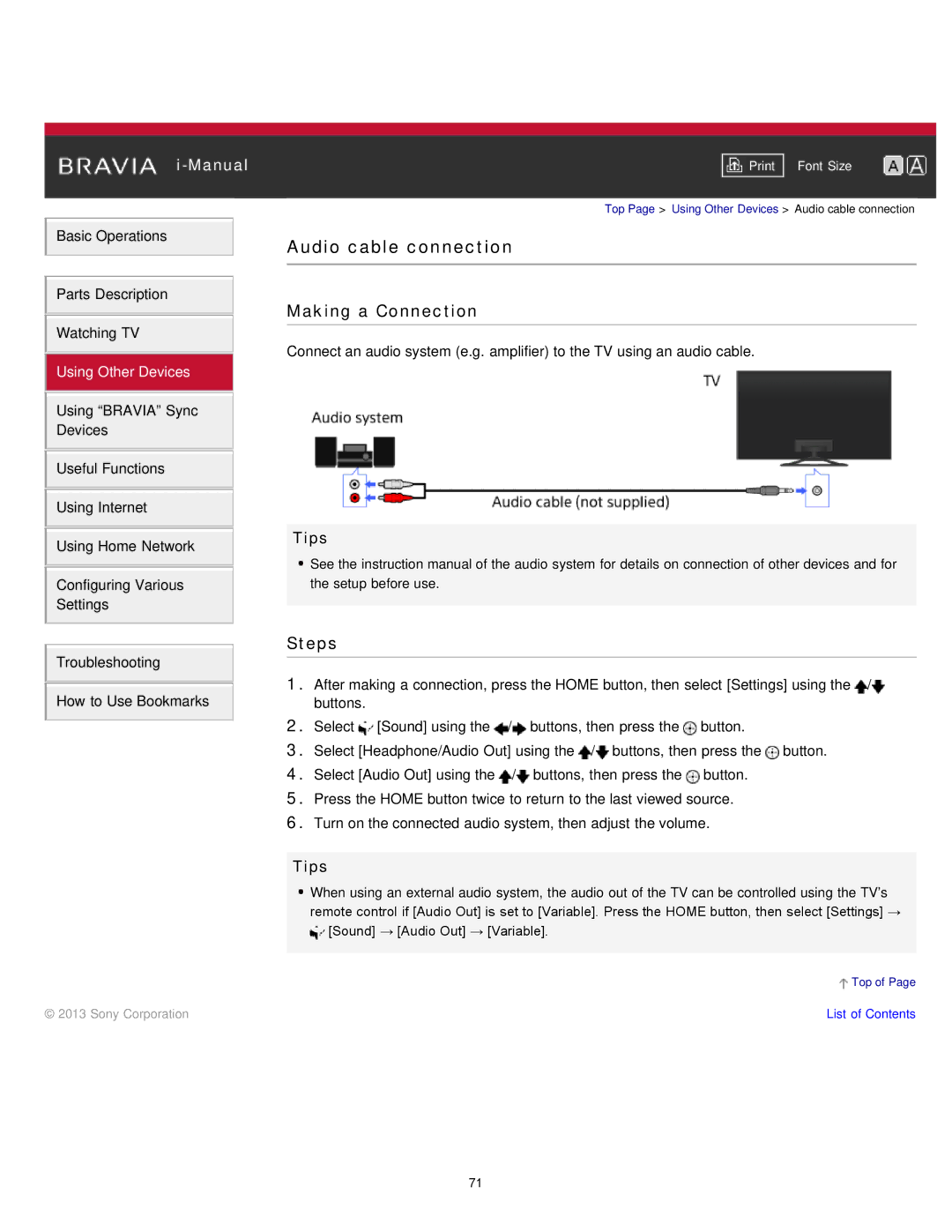 Sony KDL-47W802A manual Audio cable connection 